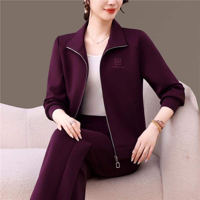 Damski modny zestaw dwuczęściowy: Kurtka z długim rękawem i spodnie z szerokimi nogawkami na wiosnę i jesień