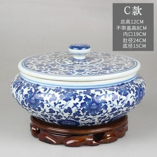 Vintage Ceramic Storage Jar with Lid Blue Flower Pattern Tea Caddy Living Room Ornament Flat Belly Ceramics Jar Home Decoration