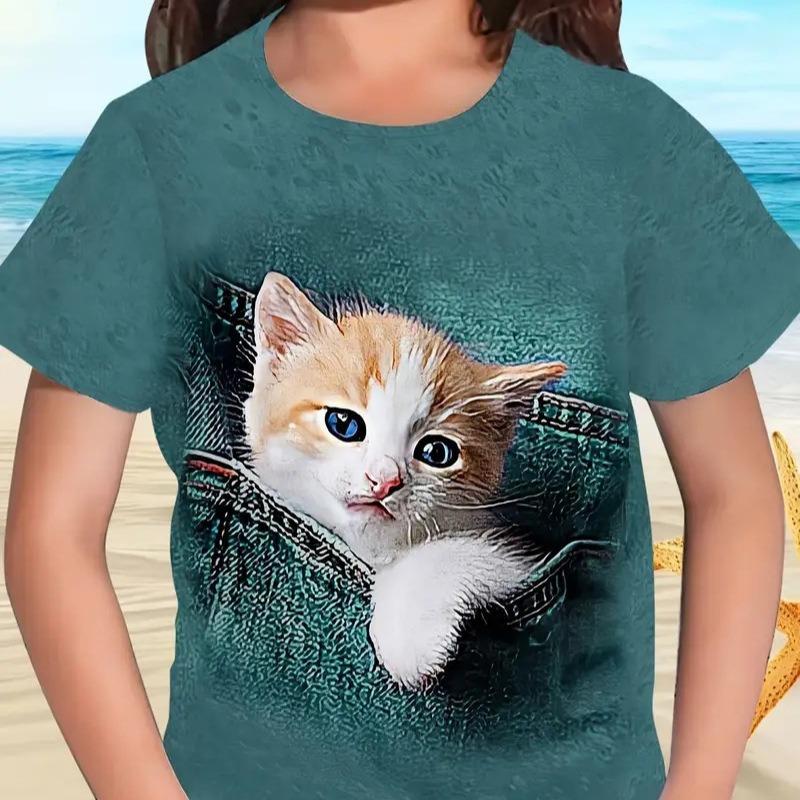 Tricou de vară cu mânecă scurtă pentru copii, fete, gât rotund, nou, cu imprimeu pisică, la modă, casual, versatil, topuri