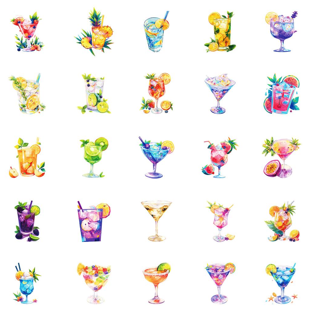 50 Beautiful Watercolor Series Of Various Cocktail Drinks Graffiti Stickers Waterproof Stickers