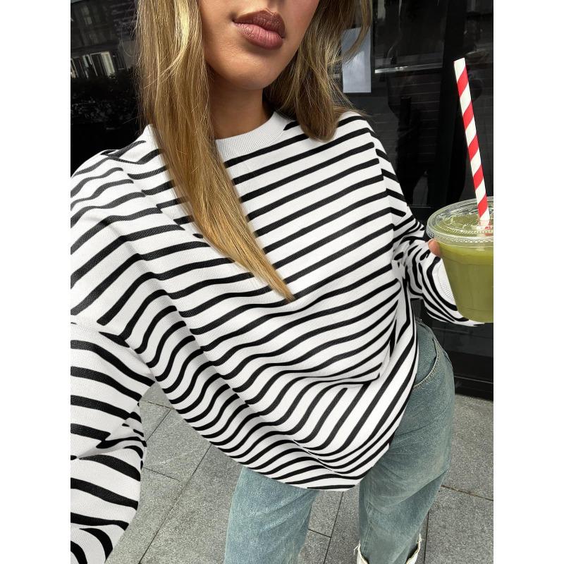 Spring Autumn Women's Plus Size Sweatshirt Striped Long Sleeve Round Neck Oversized Sweatshirt Y2K Sweatshirt