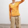 Women's Autumn Slim Fit Orange V-Neck Cable Knit Sweater - Korean Style Long Sleeve Casual Top