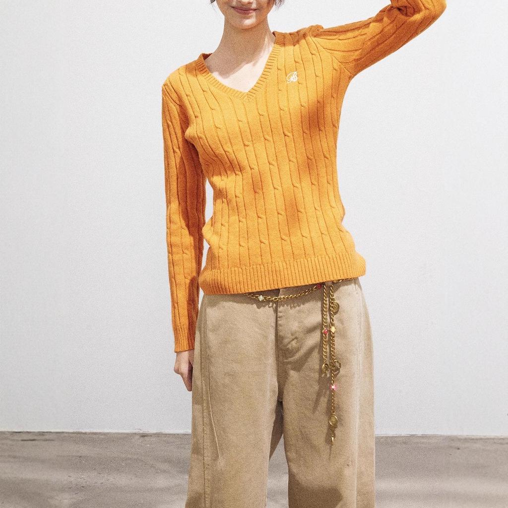 Women's Autumn Slim Fit Orange V-Neck Cable Knit Sweater - Korean Style Long Sleeve Casual Top