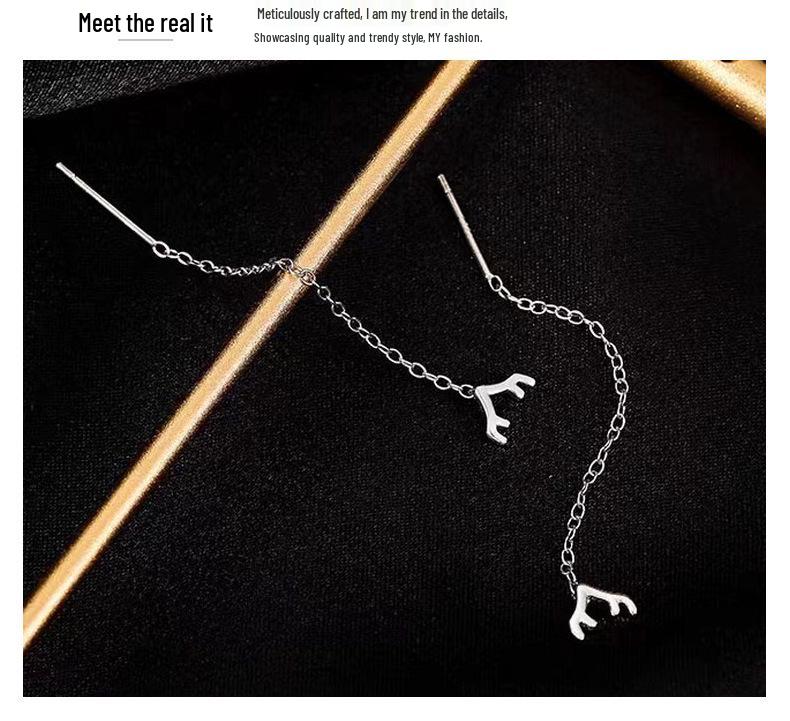 Women's S925 Sterling Silver Reindeer Antler Stud Earrings - Light Luxury, Simple Niche Style for Christmas