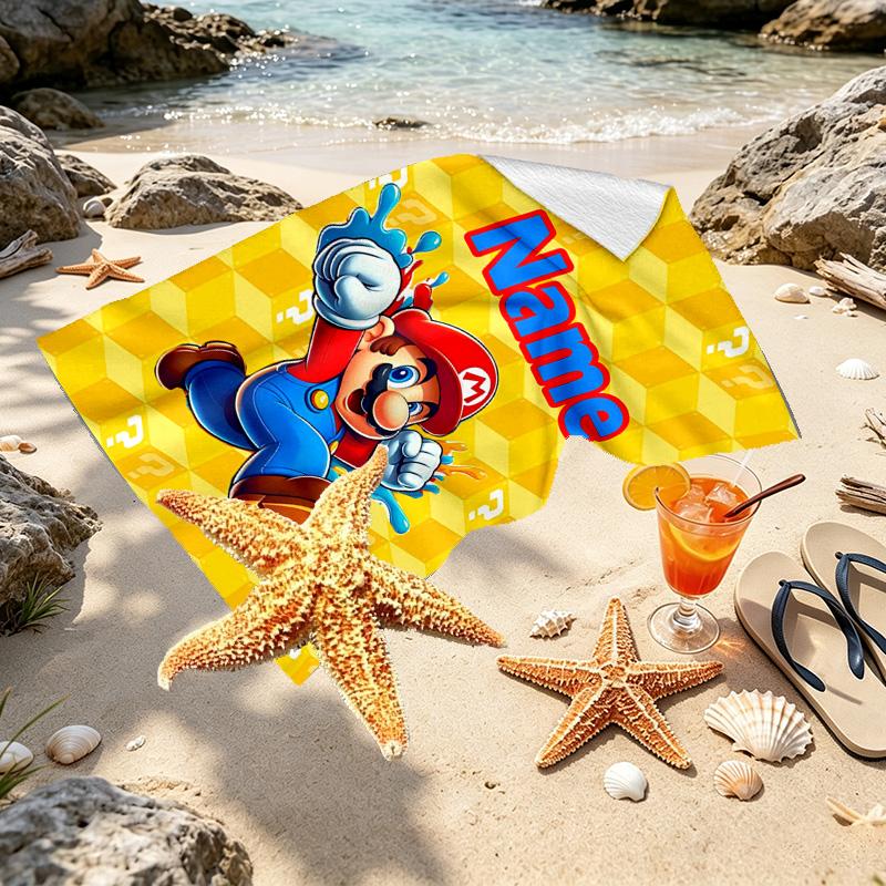 Custom Name Personalized Super Mario Print Beach Towel, for Trip Camping Beach Party Home Decor, Birthday Gift for Family & Friends