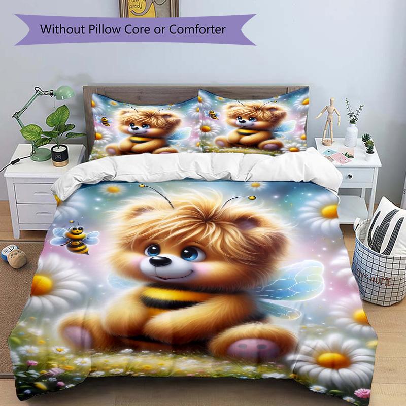 3pcs Anime Cartoon Design Bee Bear Bedding Set - Includes One Quilt Cover and Two Pillowcases (No Core) - Polyester Fabric, Suitable for Bed