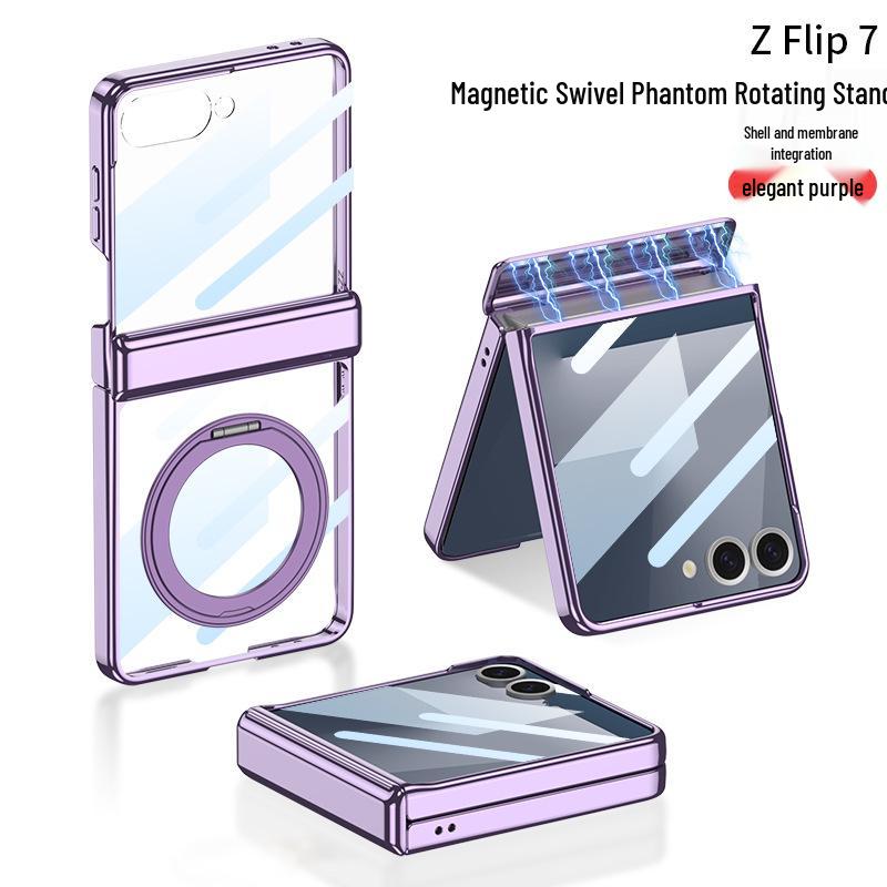 Samsung Z Flip7 Case: 360° Rotating Stand with Wireless Charging, Flip6 Compatible, Transparent Protective Hinge Cover