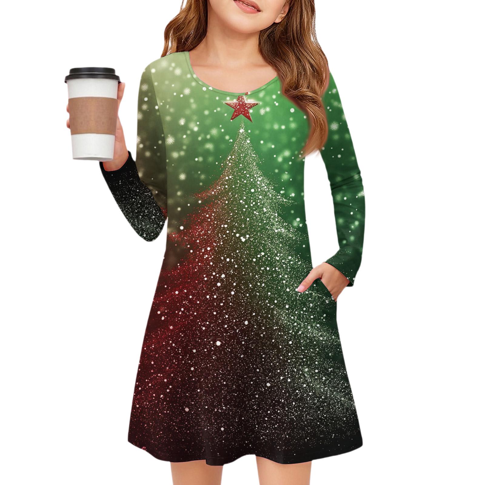 

Рождественское платье с длинным рукавом для девочек - Платье с цветным карманом 110