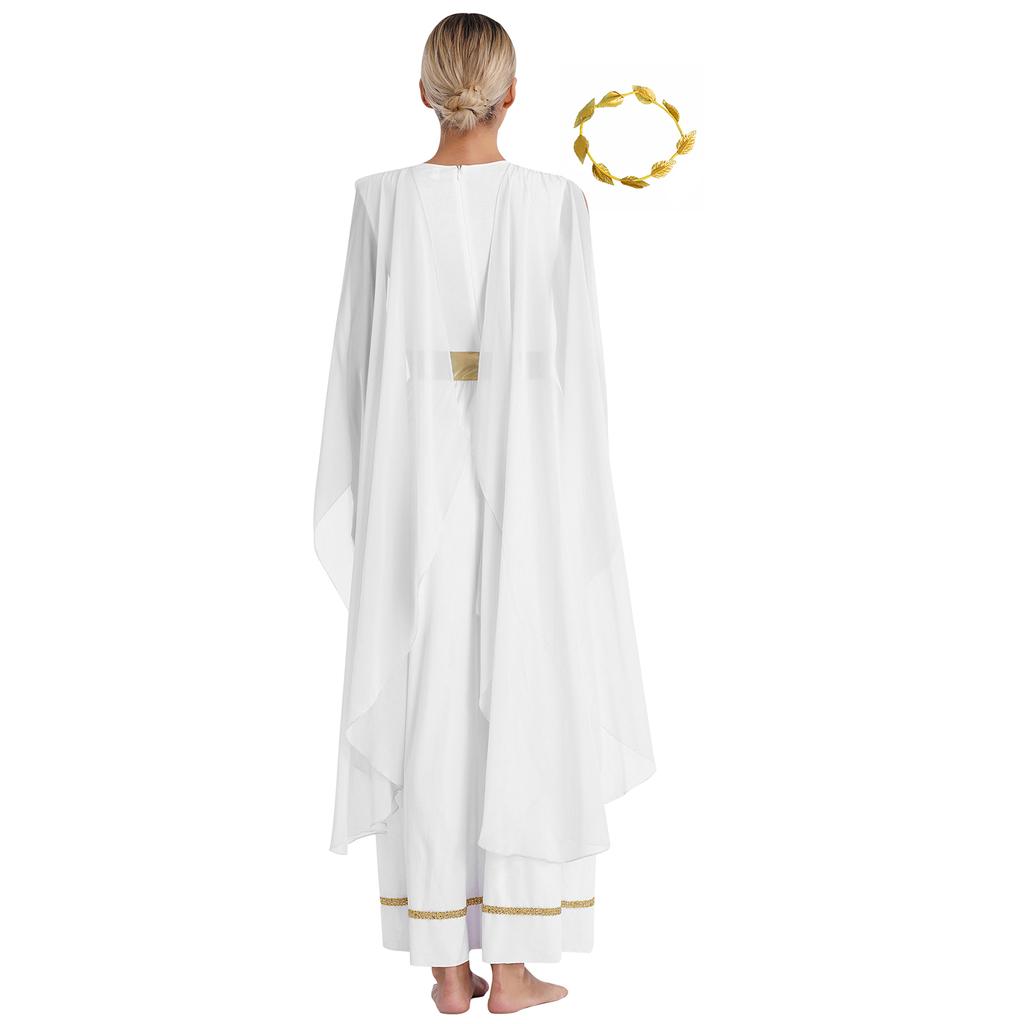 Damen Halloween Griechische Schönheits Kostüm Goldene Blätter Girlande Kopfschmuck Chiffon Kappenärmel Antikes Toga Kleid