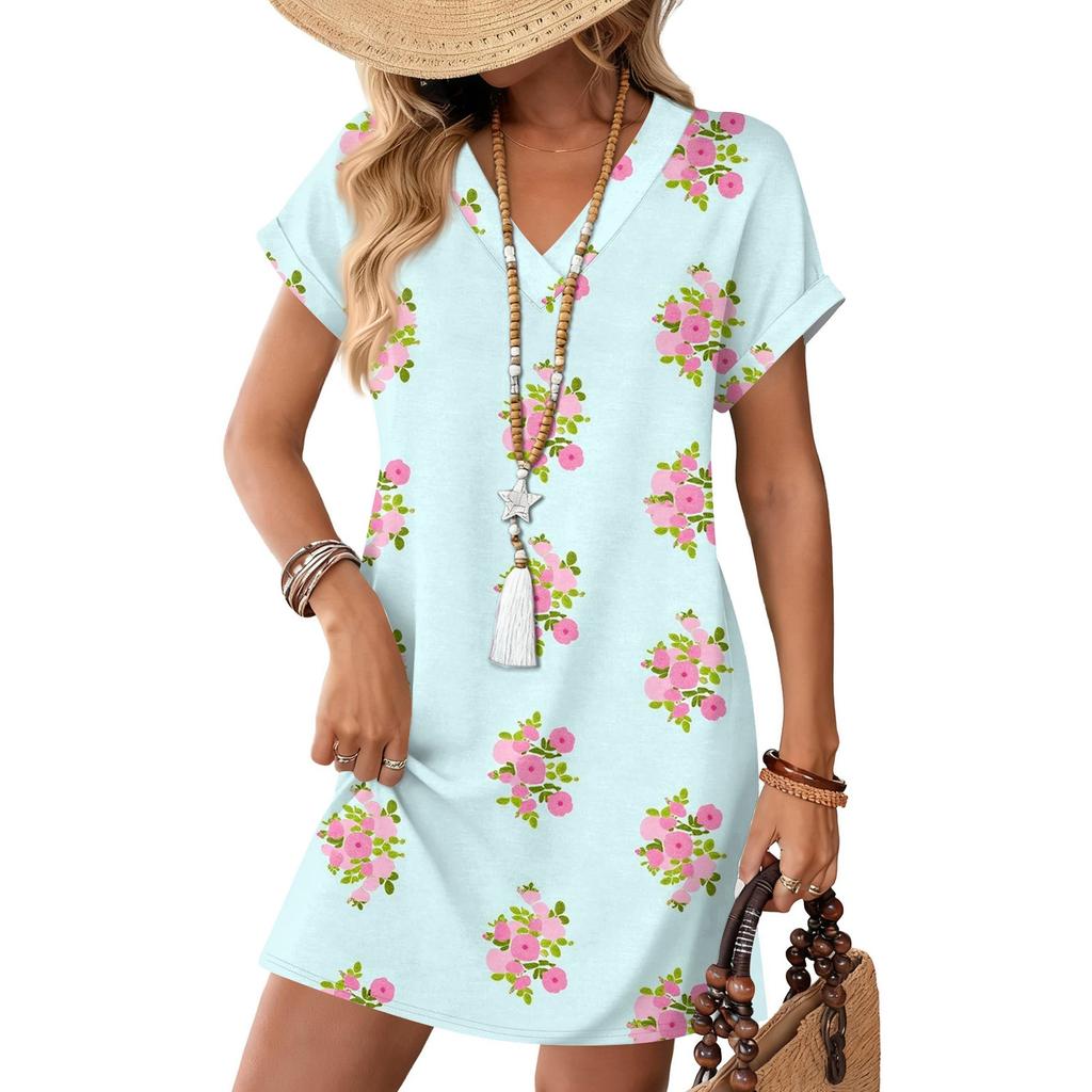 Short Sleeve Women's Dress Casual Dresses With Pockets V Neck Vocation Boho Beach Sundress