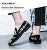Men's Chinese Embroidered Black Leather Loafers – Large Size Casual Slip-ons