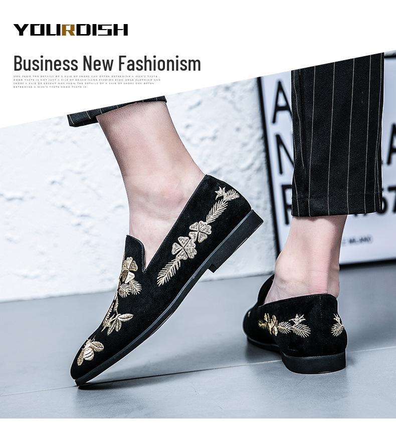 Men's Chinese Embroidered Black Leather Loafers – Large Size Casual Slip-ons