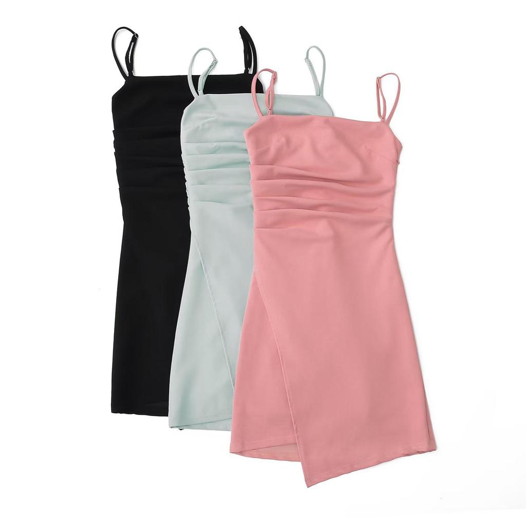 Trendy Women's High-Waisted Pleated Slim-Fit Open-Back Irregular Casual Sling Dress