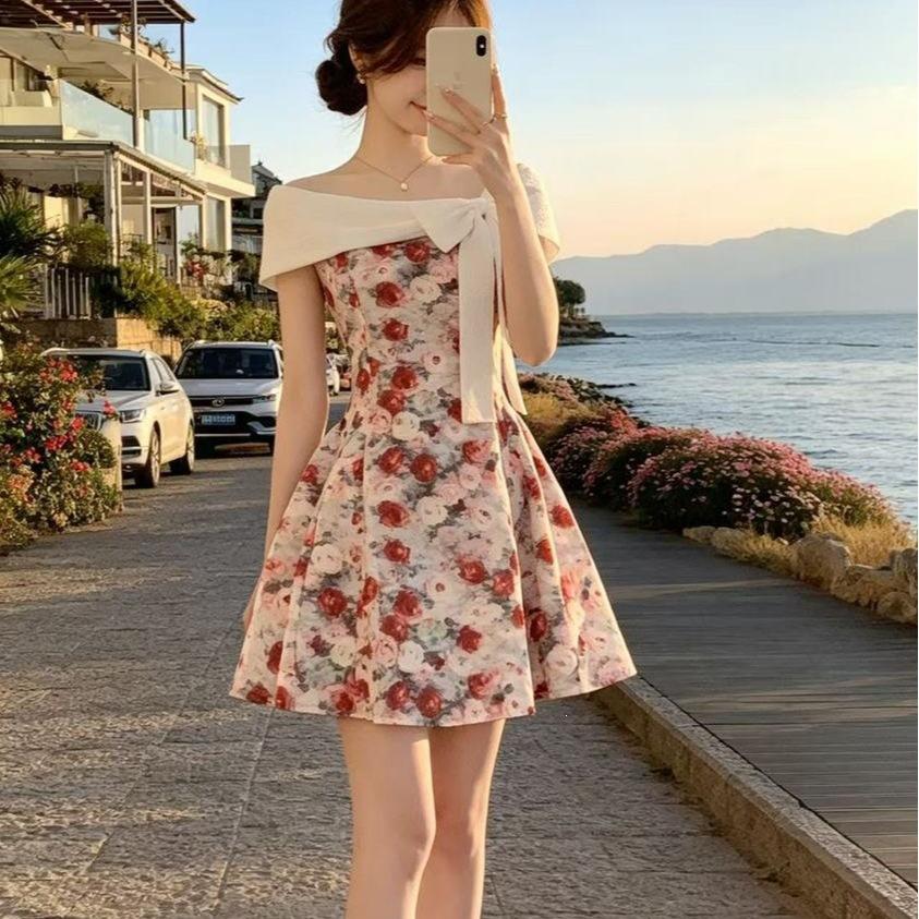 French retro high-end one-word shoulder floral dress, summer new bow off-the-shoulder waist and thin skirt