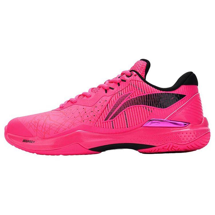 Li Ning Fabric Cushioning Slip Resistant Abrasion Resistant Low Top Badminton Shoes Unisex Fluorescent Fruit Pink AYAS018-1