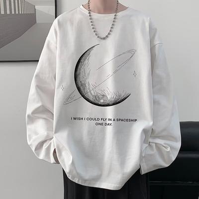 2024 Men's Long-Sleeved T-shirt Autumn Undershirt Long Sleeve Cotton Autumn Hong Kong Style Printing Loose Trendy Top