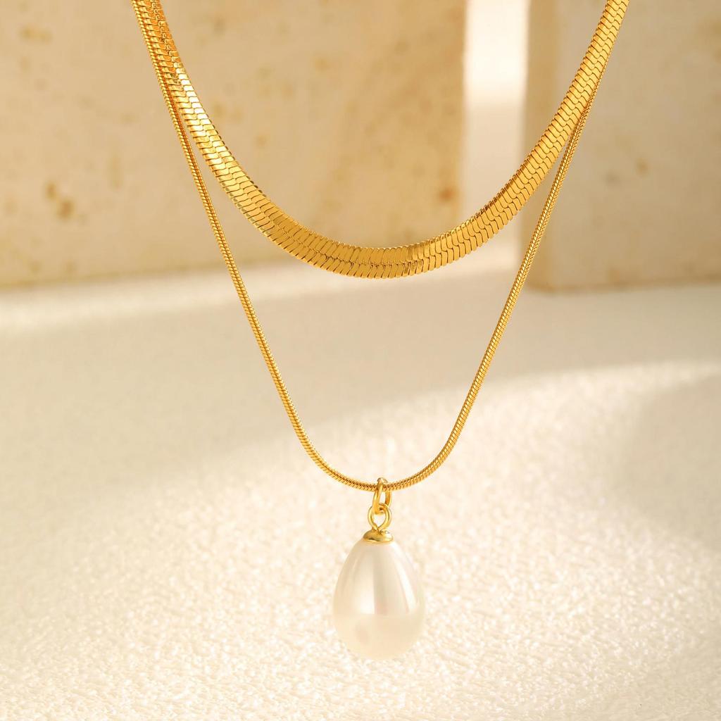 Stainless Steel Water Drop Imitation Pearl Double Layer Stacked Gold Necklace Fashion Jewelry 2076