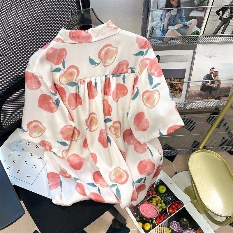 Women's Peach Print Short Sleeve Shirt Thin Casual Versatile Lapel Shirts 2025 Summer Japanese Retro Single Breasted Top
