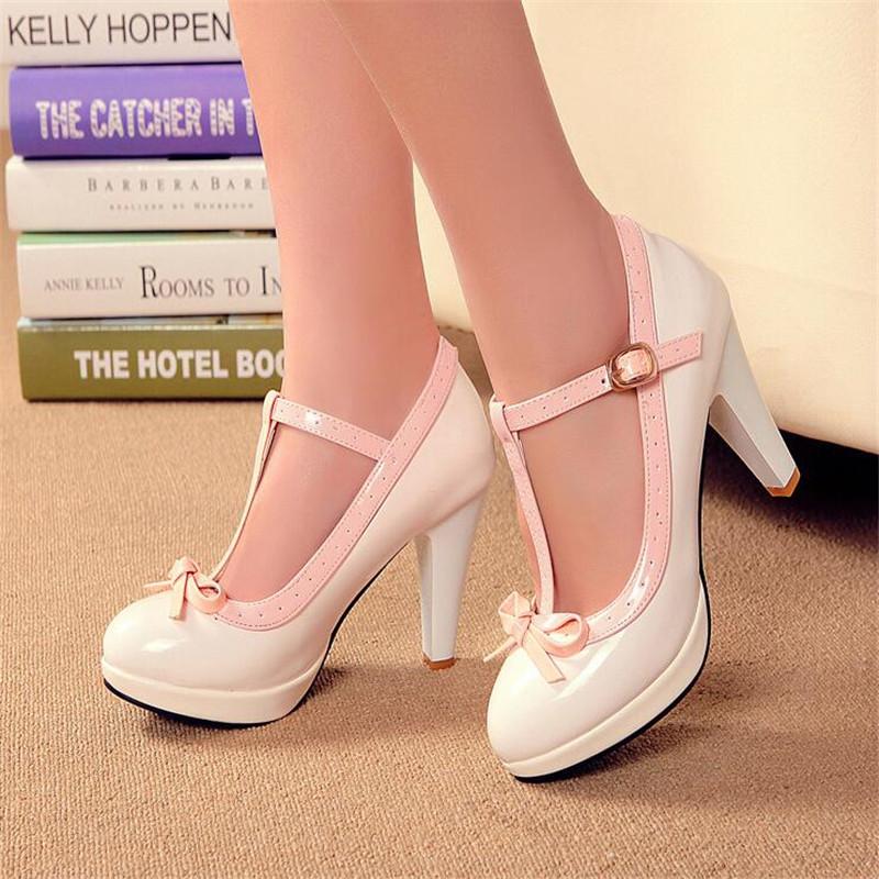 Big Size 32-43 Women Pumps Sweet Bowtie Shoes Patent Leather Chunky Female High Heels Party Wedding Prom Footwear Girls Shoes