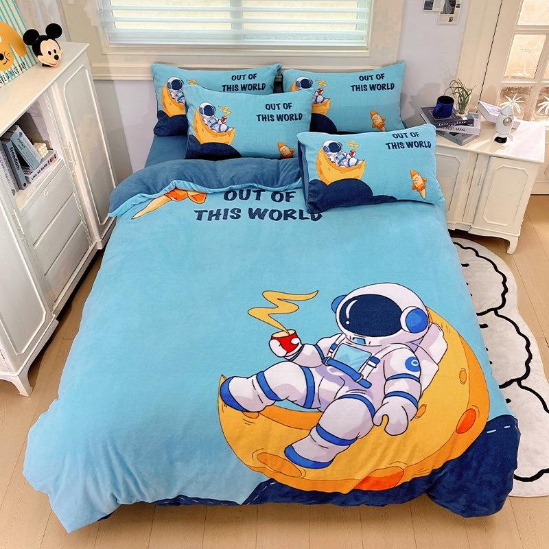 Thickened Milk Fleece Four-Piece Set, Fleece Astronaut Flange Coral Fleece Children'S Bed Sheet Quilt Cover Three-Piece Set Men