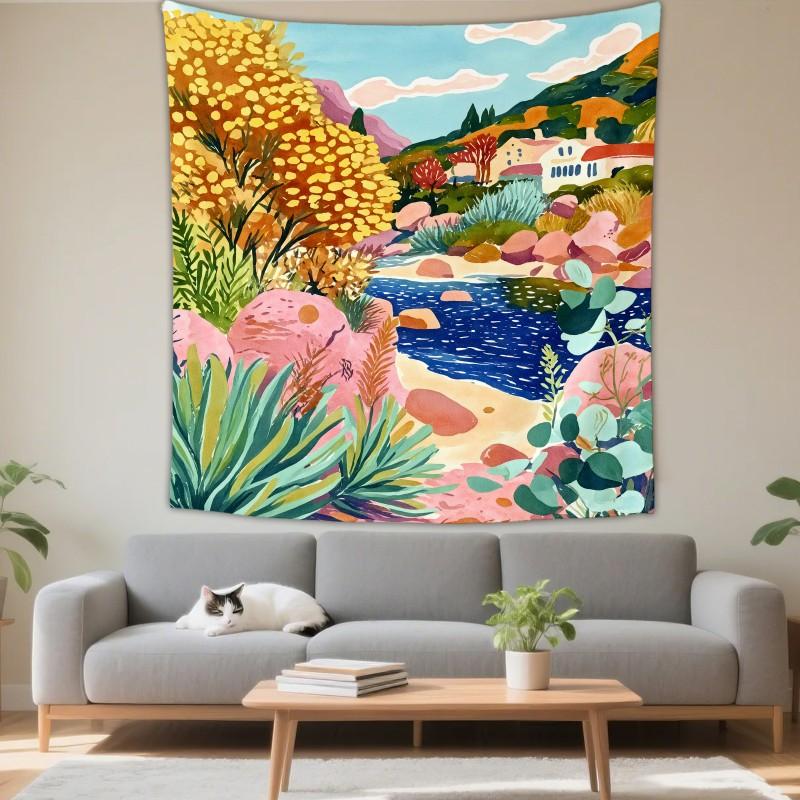 Boho Chic Wall Tapestry With Moon Phase Floral Starry Sky Design Bedroom Yoga Studio Decor