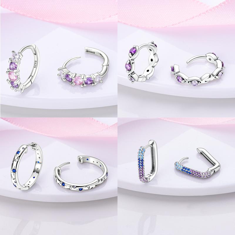 Boucles d'Oreilles Créoles en Argent 925 Zircon Coloré Boucles d'Oreilles Créoles Pavées Pour Femmes Filles Bijoux Cadeau