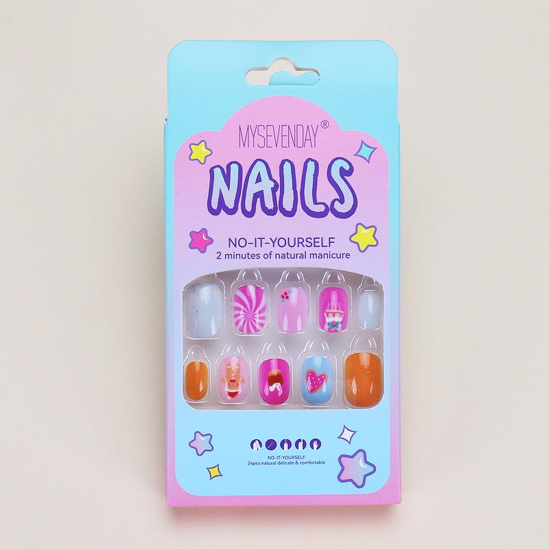 

Популярный детский носимый набор для ногтей: 24 Милых Мультяшных Разноцветных Съемных Накладных Ногтя Glue Type