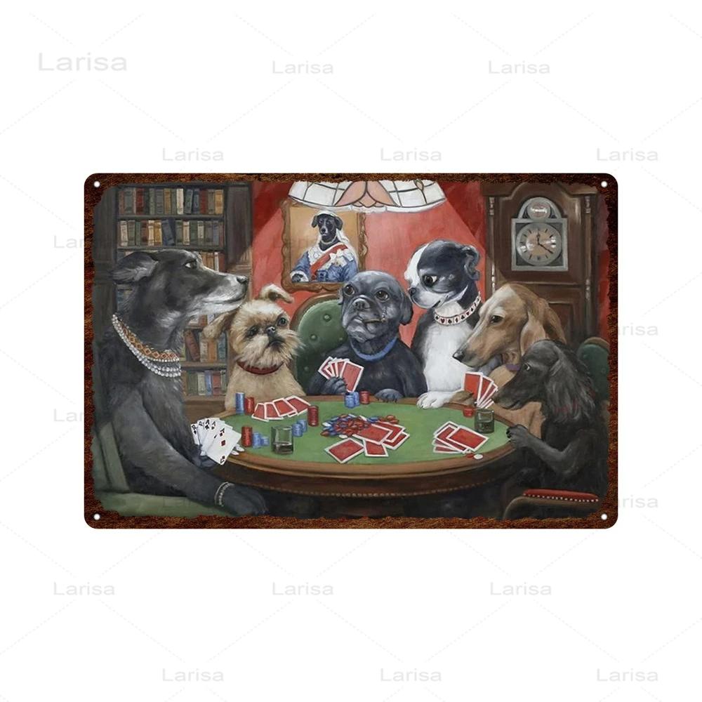 Dogs Playing Poker Game Metal Plaque Animals Playing Billiards Tin Sign Garage Club Wall Pub Tin Sign Vintage Metal Posters