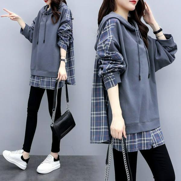 Plaid Stitching Fake Two-piece Long-sleeved Sweater Women's Spring Loose Hooded Mid-length T-shirt Top