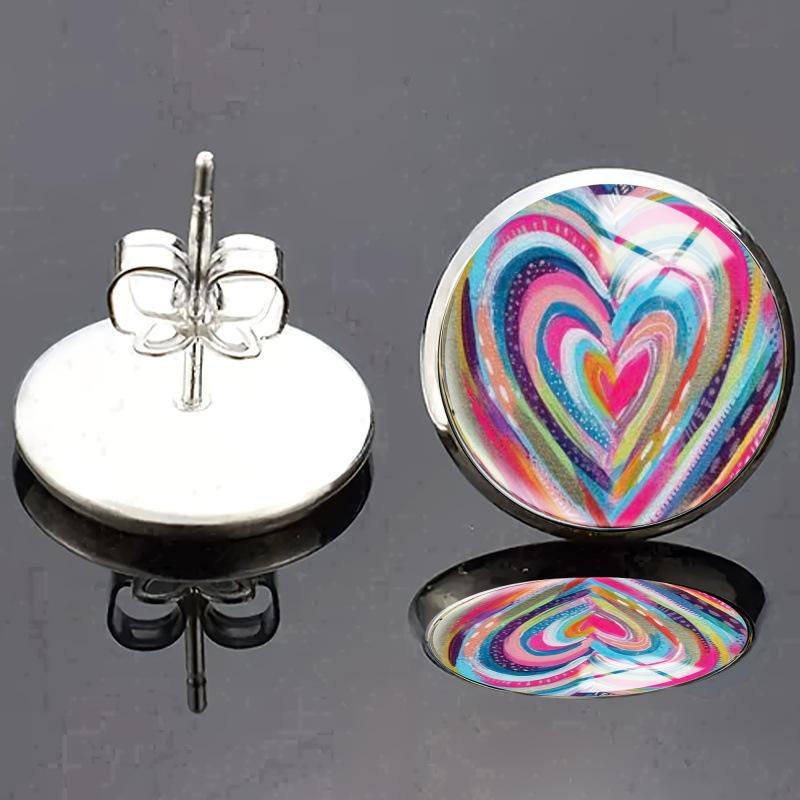 Rainbow Gradient Layered Love Heart Round Glass Dome Gun Black Stud Earrings For Women
