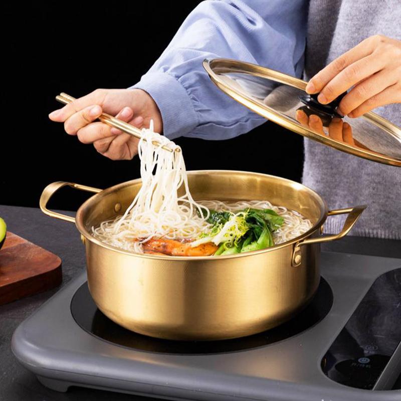 Korean Style Ramen Pot Stainless Steel With Lid Soup Pot Gold Plated Double Ear Hot Pot Camping Cookware