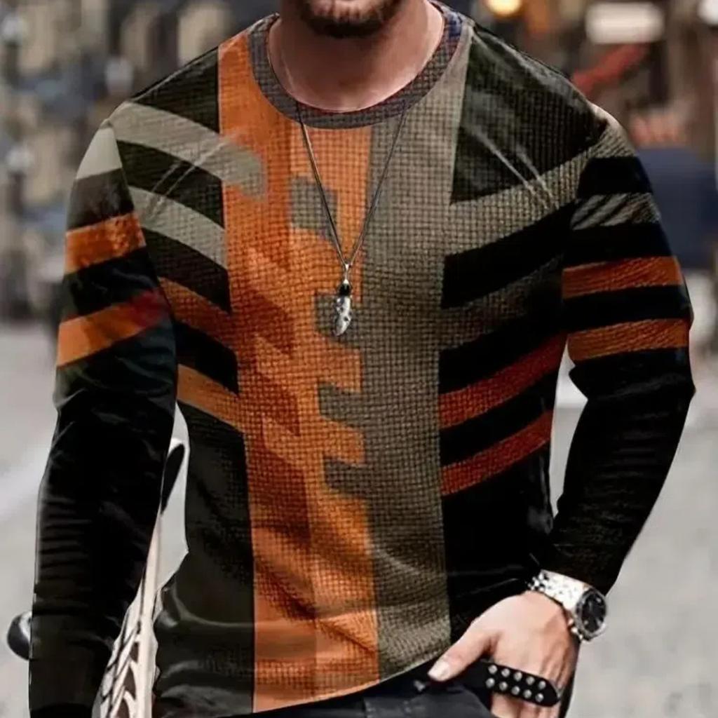 2024 Vintage Men's T-Shirt Color Block Long Sleeve 3D Clothing Print Harajuku Oversized Tops Men's Outdoor Jogging T-Shirt Tops