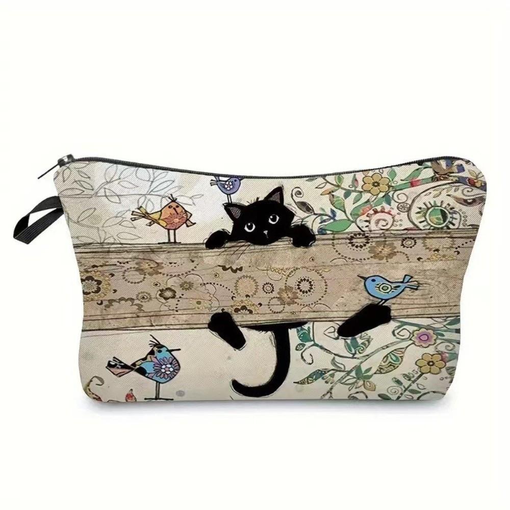 Cute Black Cat Print Cosmetic Bag Large Capacity Polyester Makeup Organizer Portable with Zipper Tarvel Storage Bag
