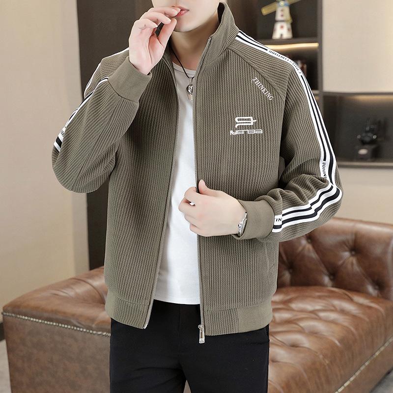 Autumn and Winter Men's Jacket Embroidered Vertical Striped Stand Collar Top for Young Korean Style Slim and Fashionable Versatile Casual Jacket