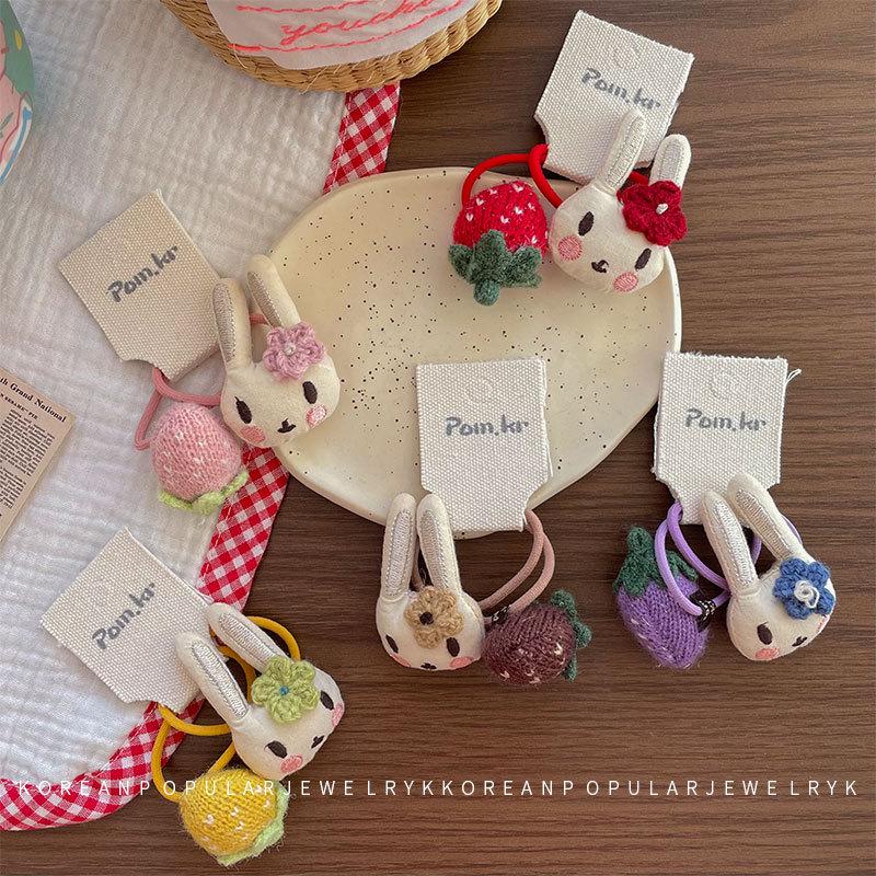 Kreslená gumička do vlasů s králíčkem a jahodou v korejském stylu pro děti - Vysoce elastická látka, držák na culík