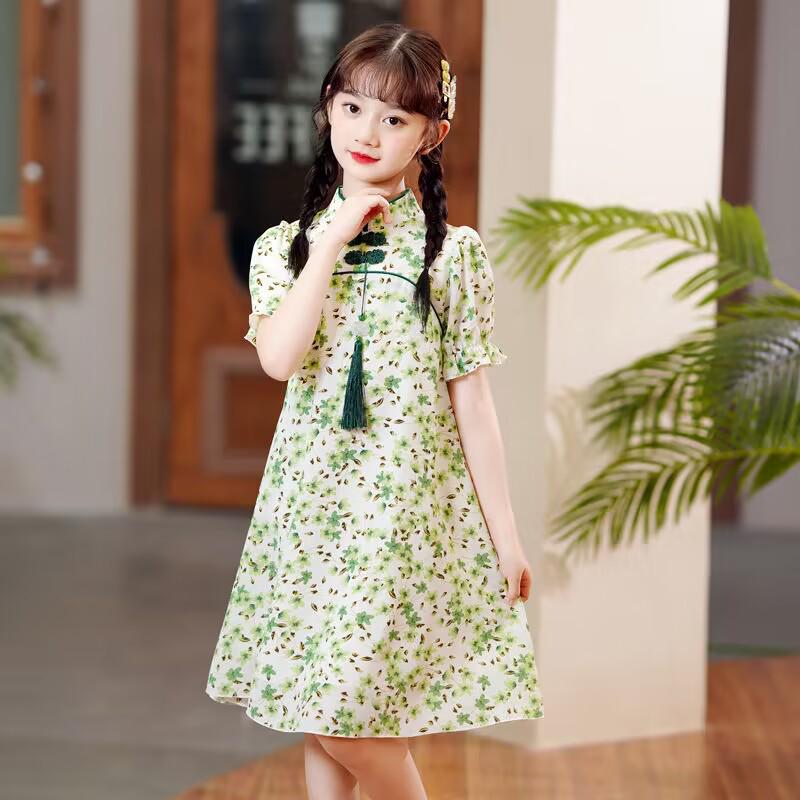 Girls' Summer Floral Cheongsam Princess Dress - Chinese Hanfu Style