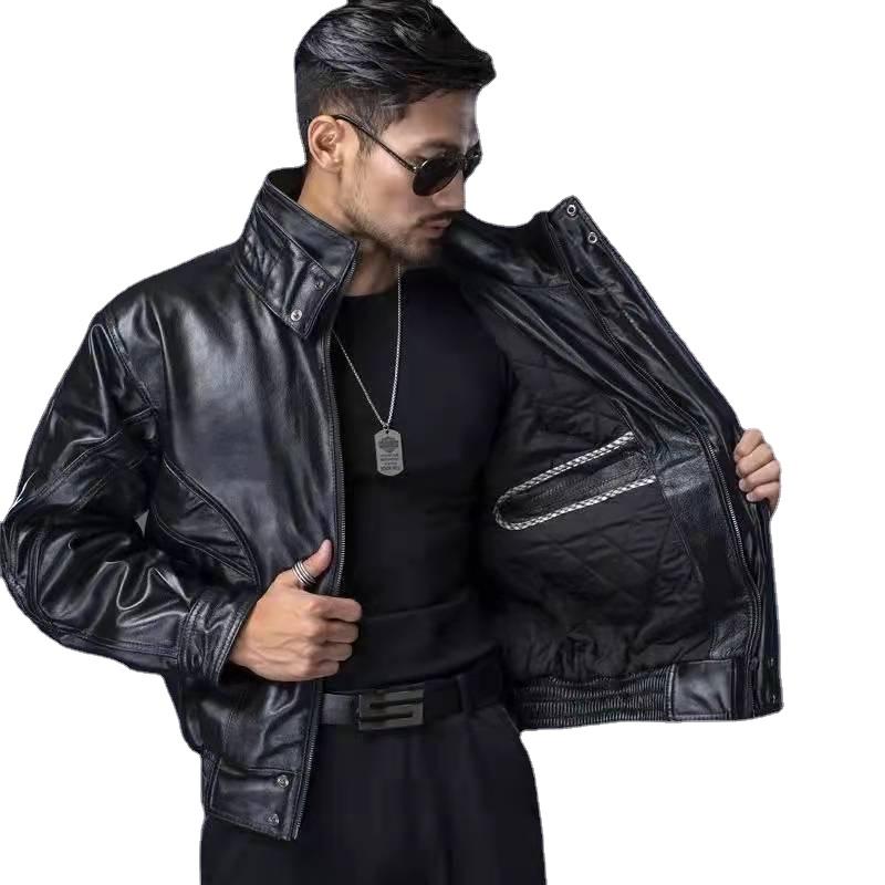 Vestes d'automne et d'hiver en cuir de vache véritable pour hommes, manteaux coupe-vent à col montant pour pilote de moto