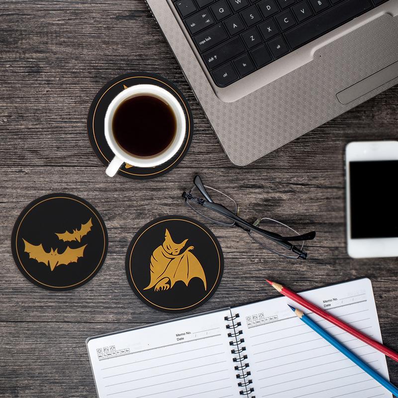 Coaster Round Pumpkin Witch Bat Print Insulated Mat Silicone Coaster 8  Set