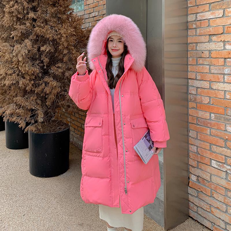 Plus Size Long Down Jacket for Women with Fur Collar and Hood, 300 Jin Capacity