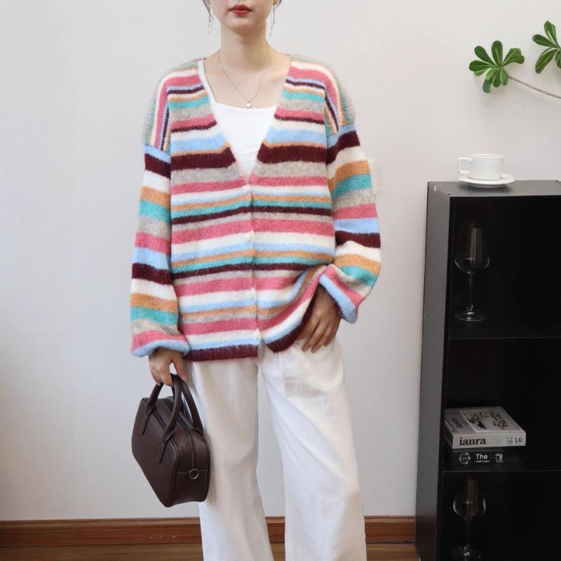 Color striped knitted cardigan autumn and winter new loose and thin lazy style soft waxy sweater jacket women