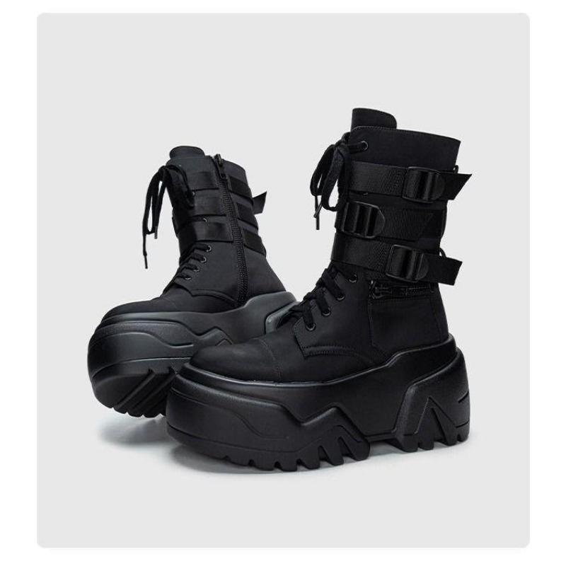 Módní dámské kotníkové boty Podzimní kožené robustní boty Dámské boty na vysoké platformě Prodyšné tenisky 9CM Silná podrážka Klínky Motocyklové boty