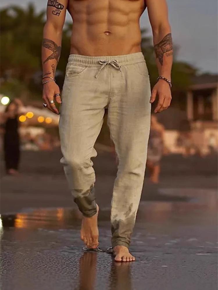 Men's Solid Color Drawstring Cotton Linen Casual Beach Pants - 2025 European Style
