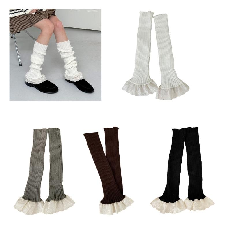 Ribbed Knitted Vertical Striped Leg Warmers Boot Cuffs Cute Ruffled Lace Hem Leg Covers Over Calf Long Socks for Women