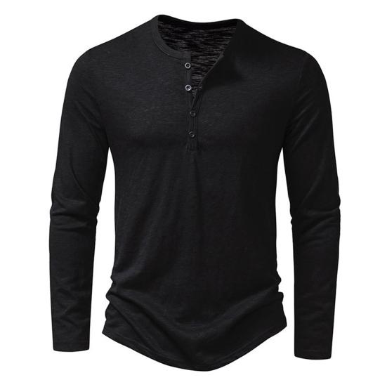 Men T-shirt Buttons Half Placket Long Sleeve Lightweight Tee Shirt Solid Color Loose Fit Pullover Tops Travel Office Daily Wear