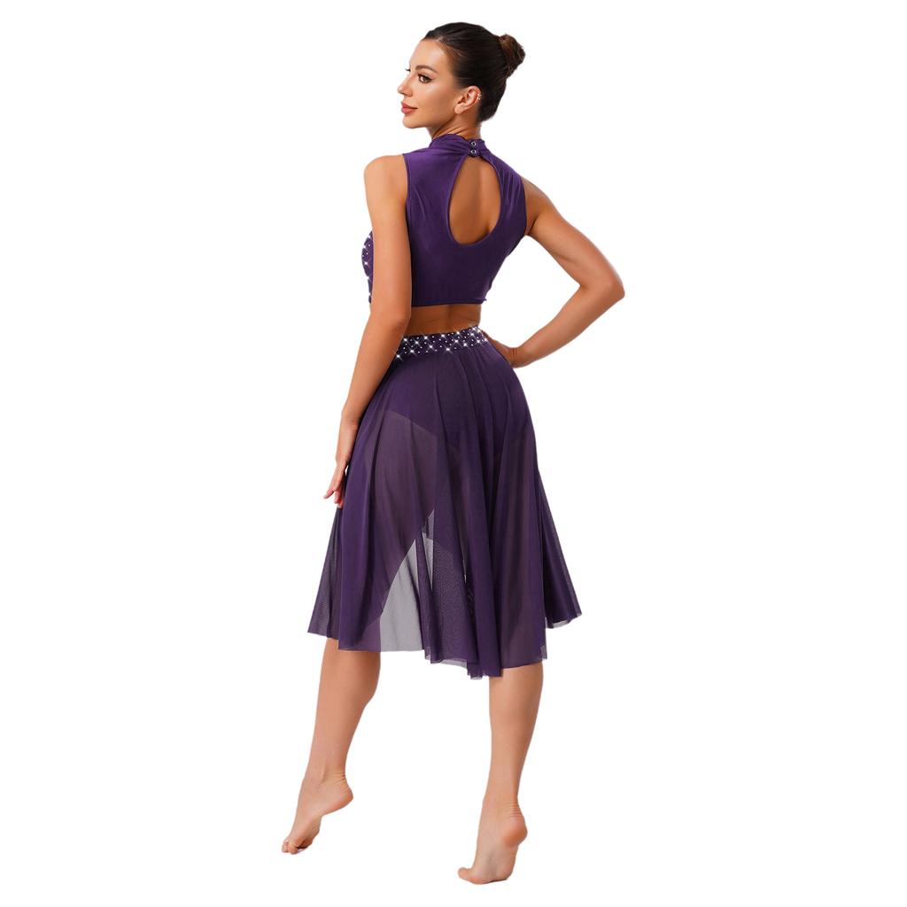 Womens Lyrical Dance Outfits Sleeveless Hollow Out Crop Top Irregular Mesh Hem Briefs Skirt Applique Dancewear Set