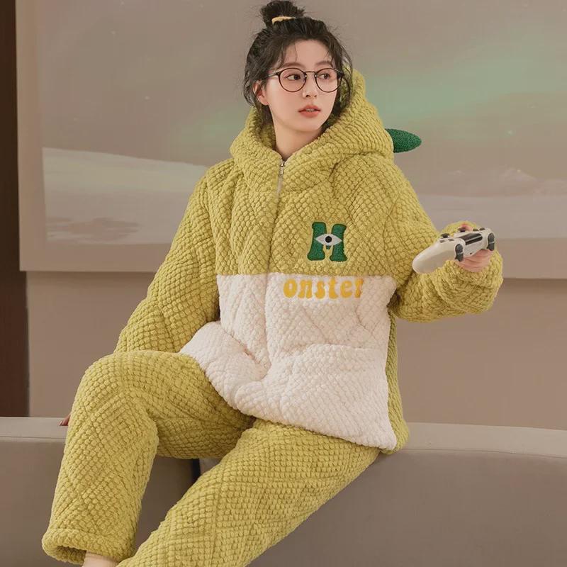 Women's Winter Pajama Set - Three-Layer Quilted, Thick Velvety Coral Fleece, Warm & Cute Bear Design