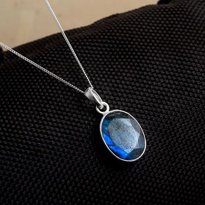 Natürlicher Labradorit-Anhänger mit Kette 925 Sterling Silber handgefertigter Schmuck