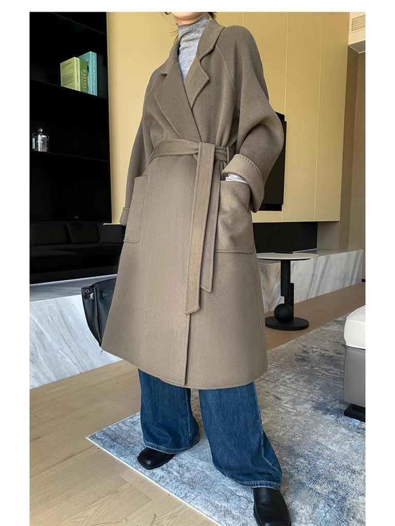Damenwollmantel doppelseitig mit Bindegürtel: Herbst/Winter, 100% Wolle, Überknielang, Lockere Passform