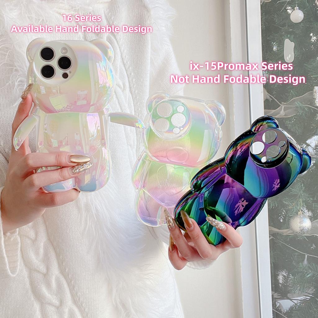 13D Electroplated Bear TPU Phone Case for iPhone 16 15 14 13 12 11 Promax Plus Cute Oil Print Shockproof Bumper Protection Cover