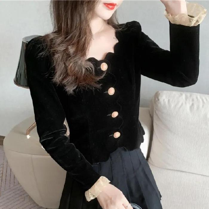 

Women s Black Retro Velvet Long Sleeve Shirt Small чёрный